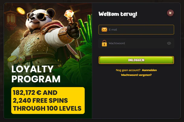 Asino Casino inlogformulier met e-mail en wachtwoord, naast het VIP-programma met 100 niveaus en 2.240 gratis spins