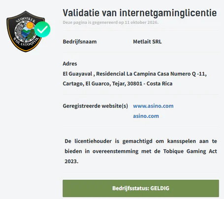 Asino Casino licentievalidatie van Tobique Gaming met geldige bedrijfsstatus van Metlait SRL en geregistreerde website asino.com